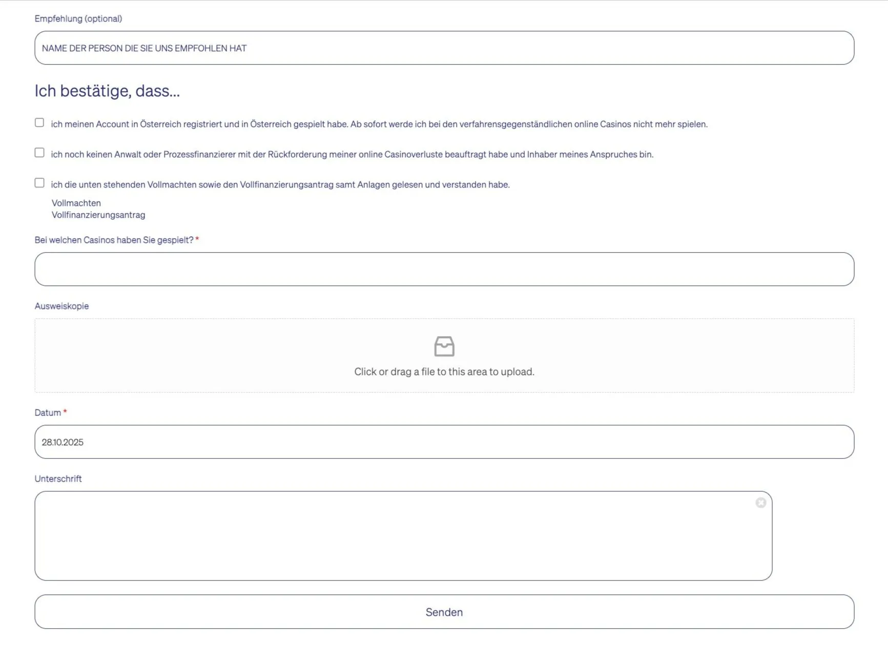 Antragsformular fur eine Rückerstattung von illegalen casinos